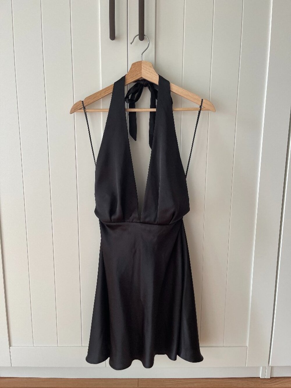 Black Satin Halter Mini Dress